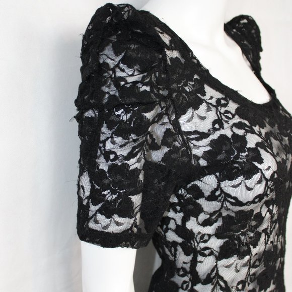 Twenty One Women's Top Lace 1/2 Sleeve Round Neck Black Medium - Picture 2 of 7